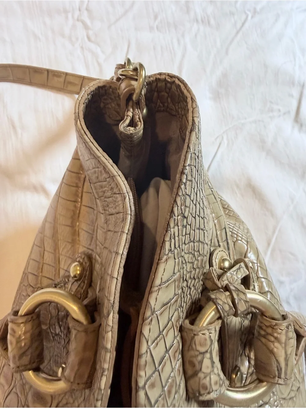 Brahmin Taupe Croc-Embossed Leather Shoulder Bag Free Mini pack back Bag Charm